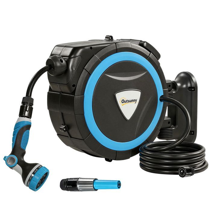 Wall-mounted garden hose reel - Outsunny - 12 spray patterns, 180° swivel - plastic - 49x15x37cm - blue