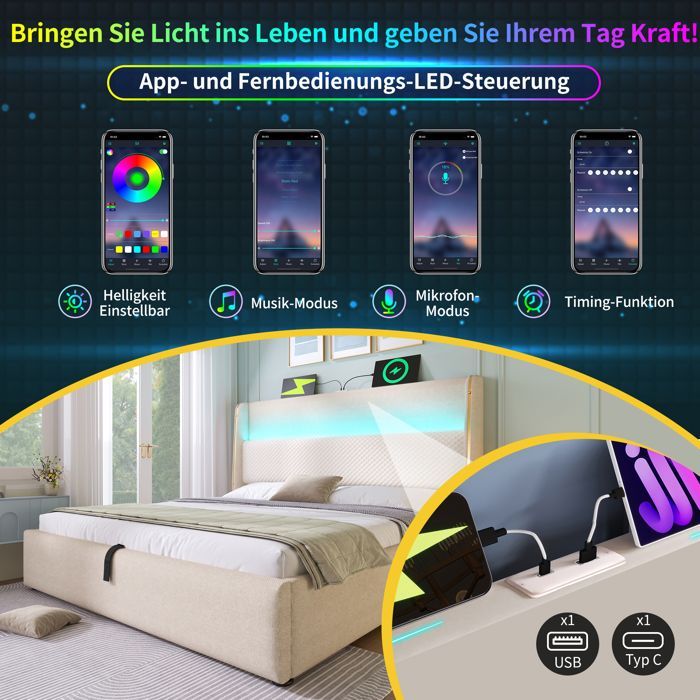 Letto matrimoniale imbottito 160 x 200 cm con illuminazione a LED. Letto contenitore con vani portaoggetti e porte USB e Type-C. Effetto lino, beige.
