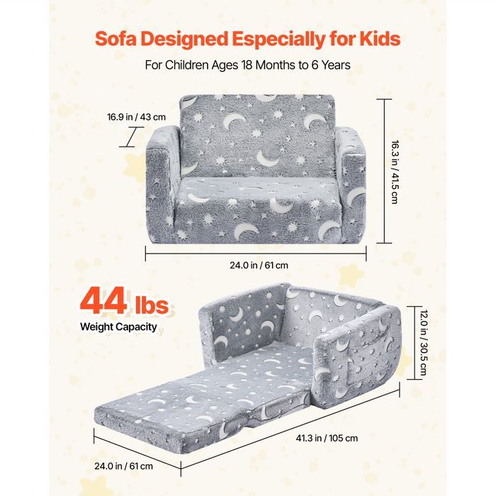 Sofá convertible 2 en 1 para niños - Duoku - Chaise longue plegable y cómoda - Luminoso - con reposabrazos - Gris
