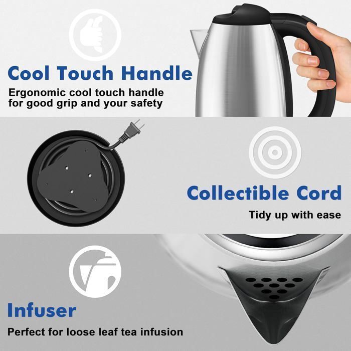 Hervidor eléctrico - 1500 W, calentamiento rápido, libre de BPA, fabricado en acero inoxidable 304, perfecto para familias, 2 L
