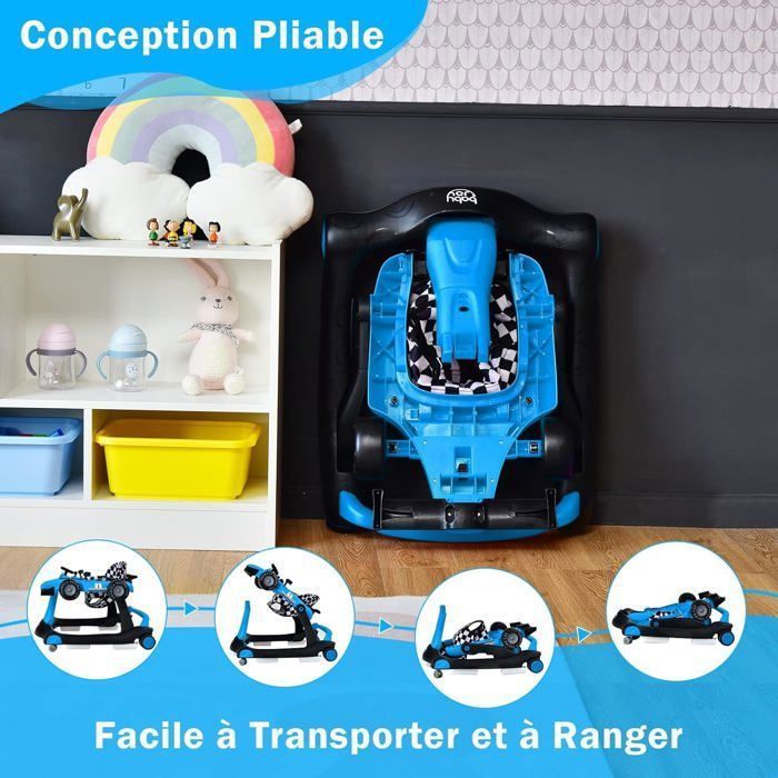 Andador plegable 4 en 1 para bebés COSTWAY - Altura y velocidad ajustables - Caja de música con luz - 6-18 meses - Ruedas silenciosas - Azul