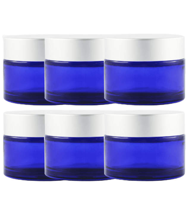 Pots verre bleu 50 ml avec capot argent mat (lot de 6)