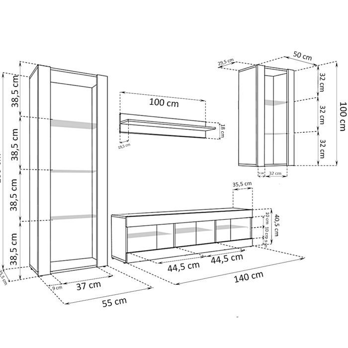 Conjunto de suporte para TV Tivoli Medio Komodee - LEDs azuis - Preto fosco e madeira natural - 195x159x35 cm