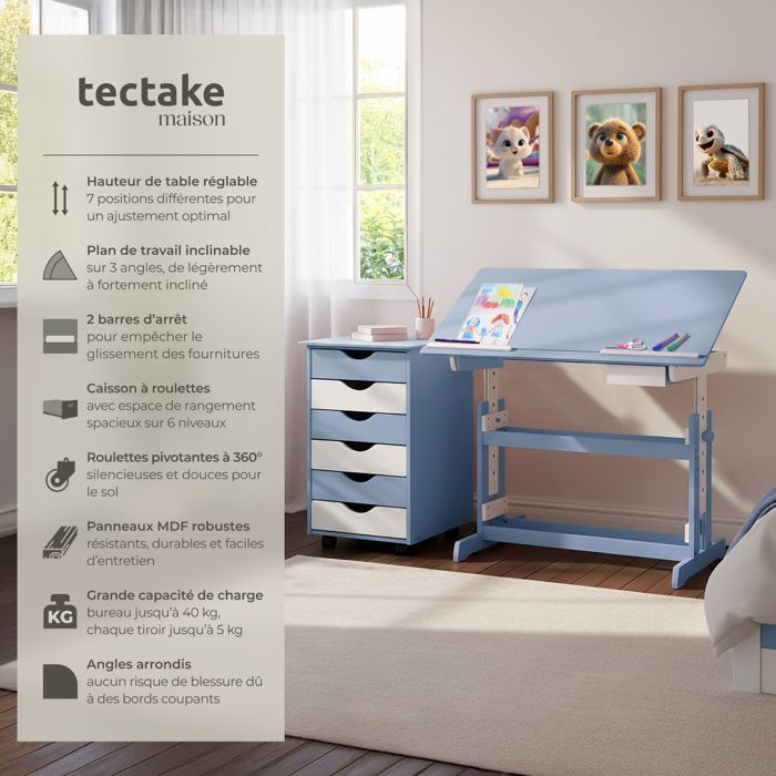 CHILDREN'S DESK - TECTAKE - Height-Adjustable and Tiltable Children's Desk Set and 6-Drawer Rolling Office Pedestal -