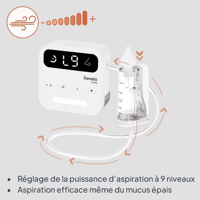 Aspirador nasal eléctrico LIONELO BabyAir - Inalámbrico - 3 boquillas - Silencioso - Ligero - 9 niveles de succión