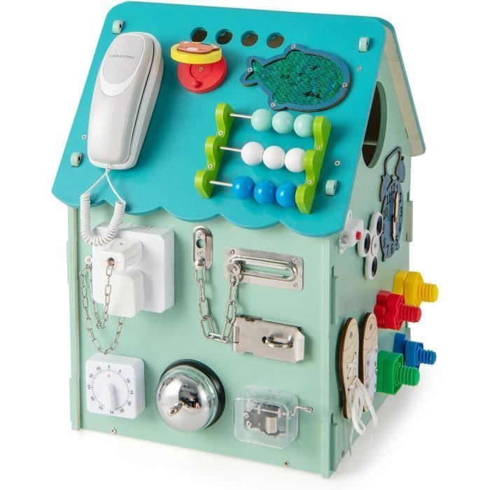 DREAMADE Cube d'Activités Enfant en Bois, Maison de Jeu 33 Composants, Espace de Rangement Intérieur pour Enfants 3Ans+, Bleu