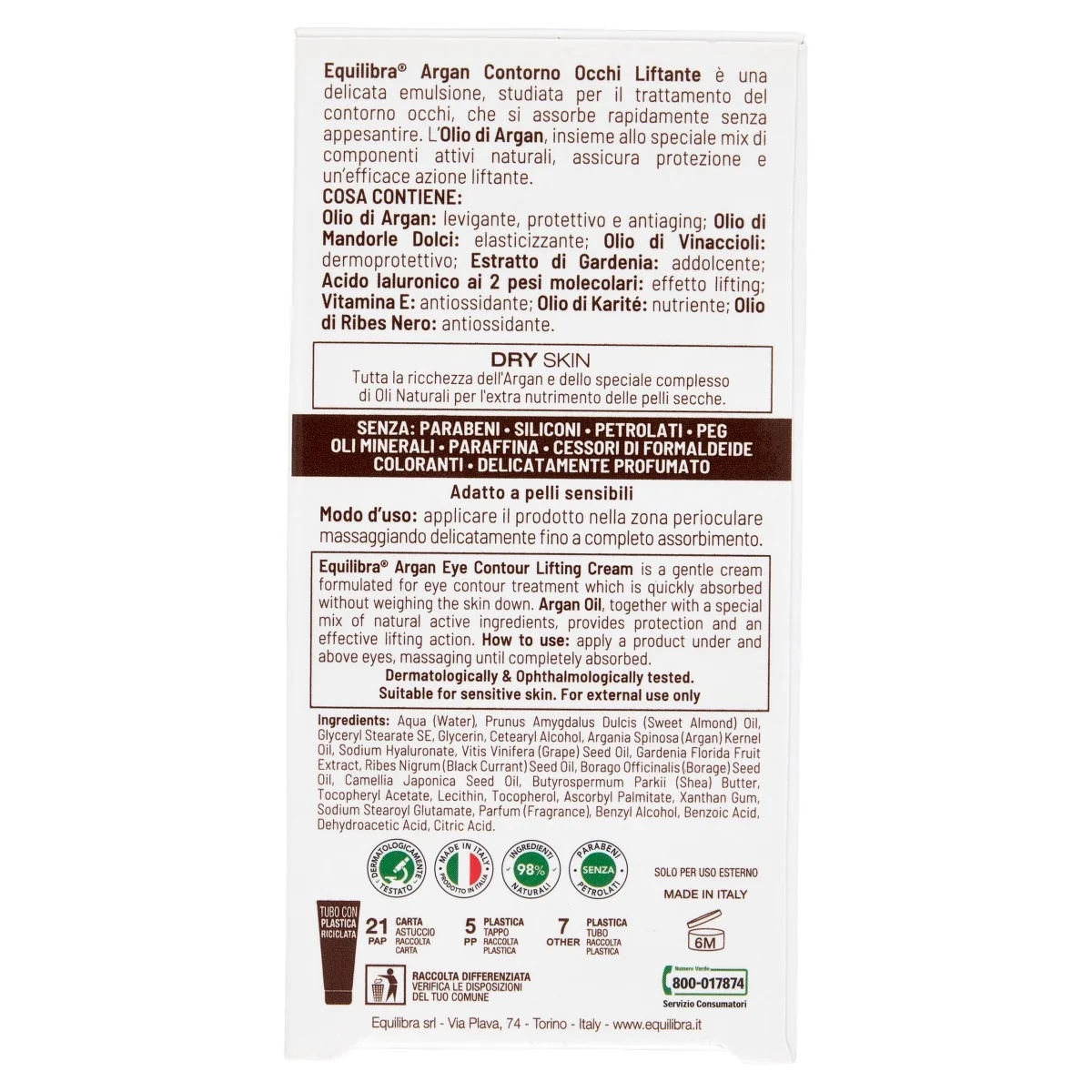 EQUILIBRA Equilibra Argan Augencreme 15 ml Lifting-Effekt
