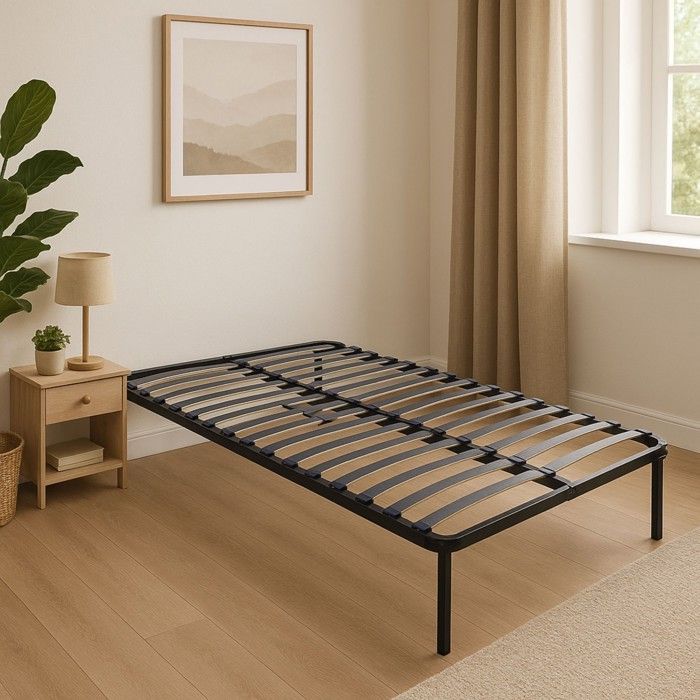 Base de cama de metal negro de 120x190 cm con listones reforzados y soporte ajustable - MARION SLATTED FRAME