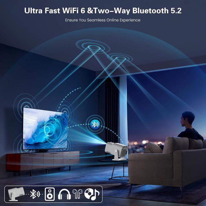 Videoproiettore portatile TRAHOO 4K - Full HD 1080P - WiFi 6 - Bluetooth 5.2 - Correzione trapezoidale - Zoom 50%-100%