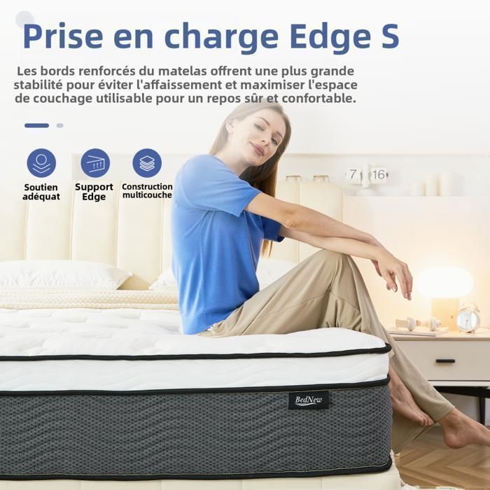 Bednew Hybride Matelas 90x200 cm, Épaisseur 31 cm, H3 Moyenne Ferme, 7Zone, Ressorts Ensaché, Mousse à Mémoire de Forme