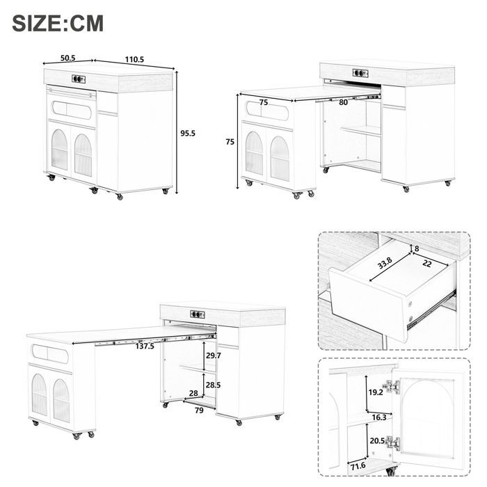 Isla de cocina con ruedas 50-187×110×95 cm. Carrito de cocina con encimera extensible, 4 puertas, 1 cajón y puertos USB.