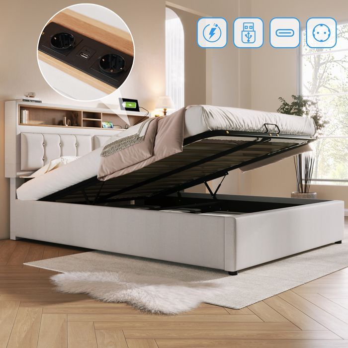LINKHOO lit rembourré double, avec prise USB C Fonction de charge Tête de lit, avec sommier à lattes(sans matelas), 140x200, beige