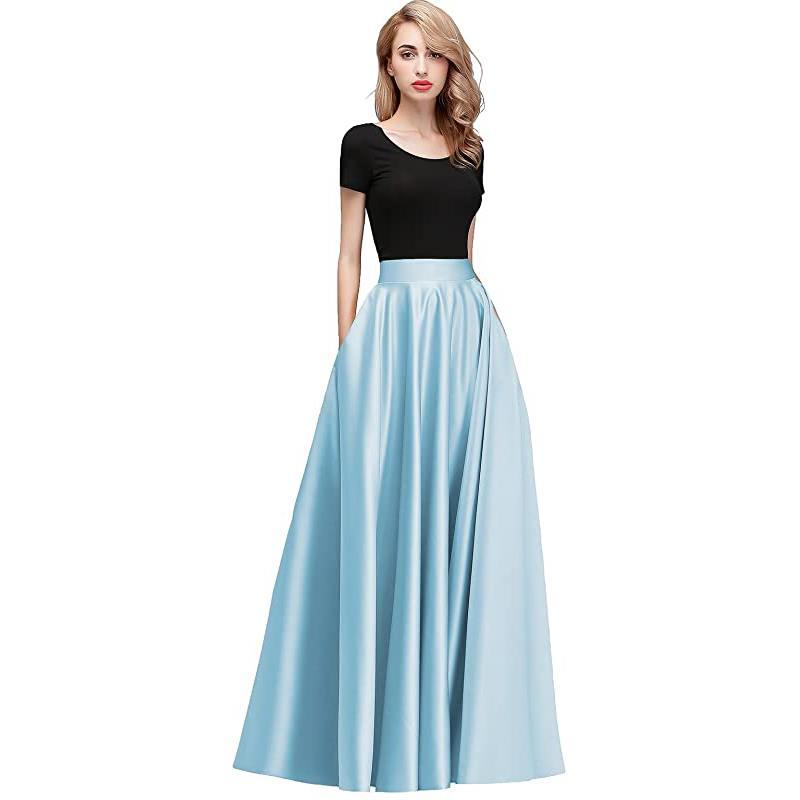 Jupe longue en satin pour femme, taille haute, style habillé, idéale pour les bals de fin d'année. Poches et fermeture éclair au dos.