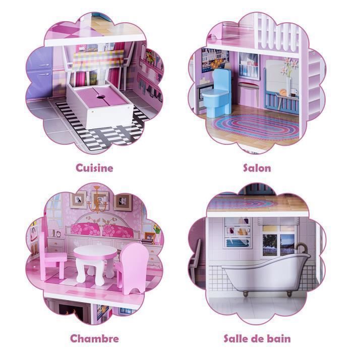 Casa de muñecas de madera COSTWAY, 13 accesorios, 3 plantas, 61 x 26,5 x 71 cm, regalo para niños de 3 años en adelante, color rosa.