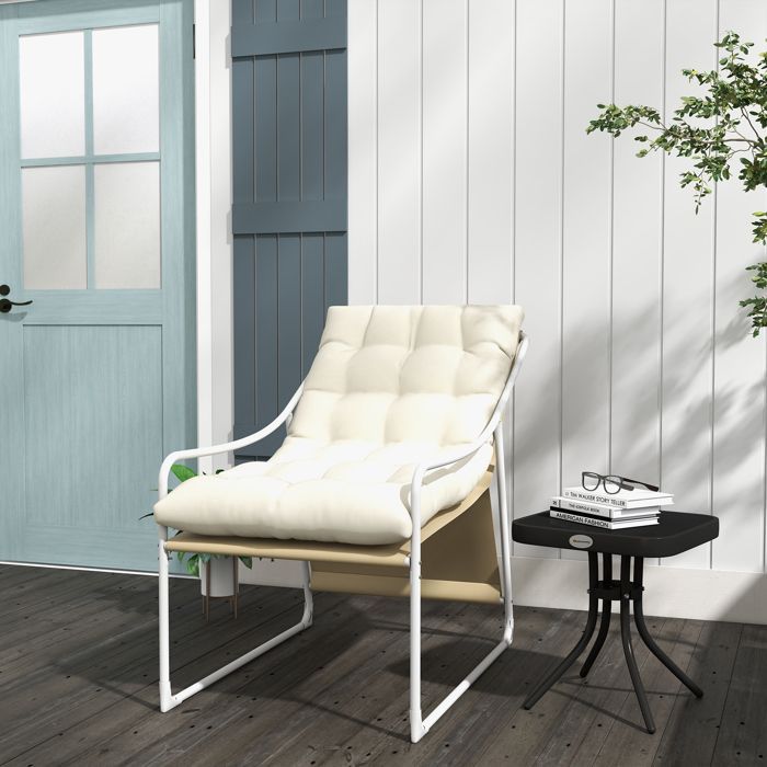 Sedia da giardino Outsunny, poltrona da esterno con cuscino, struttura in acciaio per balcone, terrazzo, giardino, beige