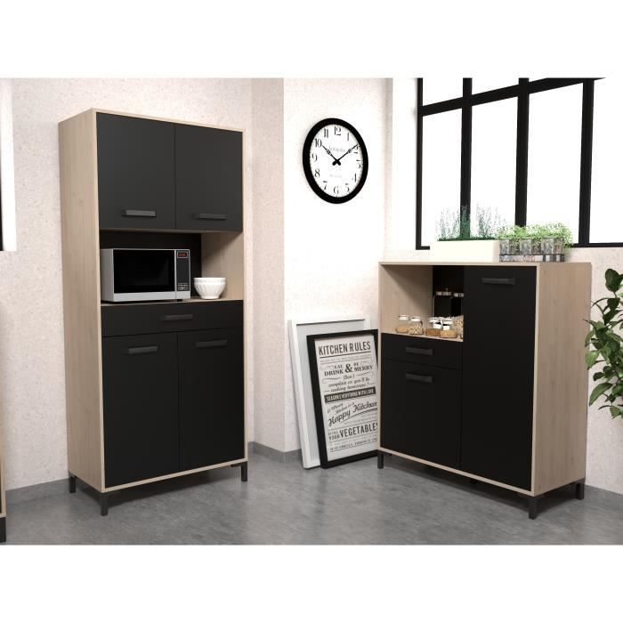 Aparador de cocina FACTORY - Acabado en roble y negro - 2 puertas + 1 cajón - Modular - Ancho 80 x Profundidad 43,3 x Alto 185 cm