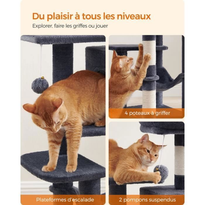 Feandrea Cat Tree, 112 cm High, with 4 Scratching Posts, 2 Platforms, 1 Hideaway, 1 Hammock, 2 Pom-poms, Multi-Level, Grey