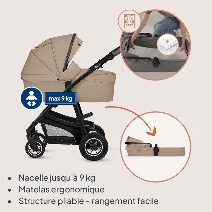 Poussette combinée 4en1 LIONELO Bianka -Jusqu'à 22Kg - Pack poussette, Nacelle, Siège auto, Base ISOFIX, sac et accessoires - Beige