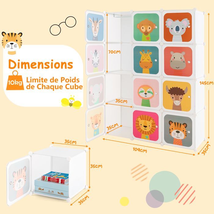 Armario infantil GOPLUS, estantería modular con 12 cubos, puertas, 2 barras para colgar ropa, para