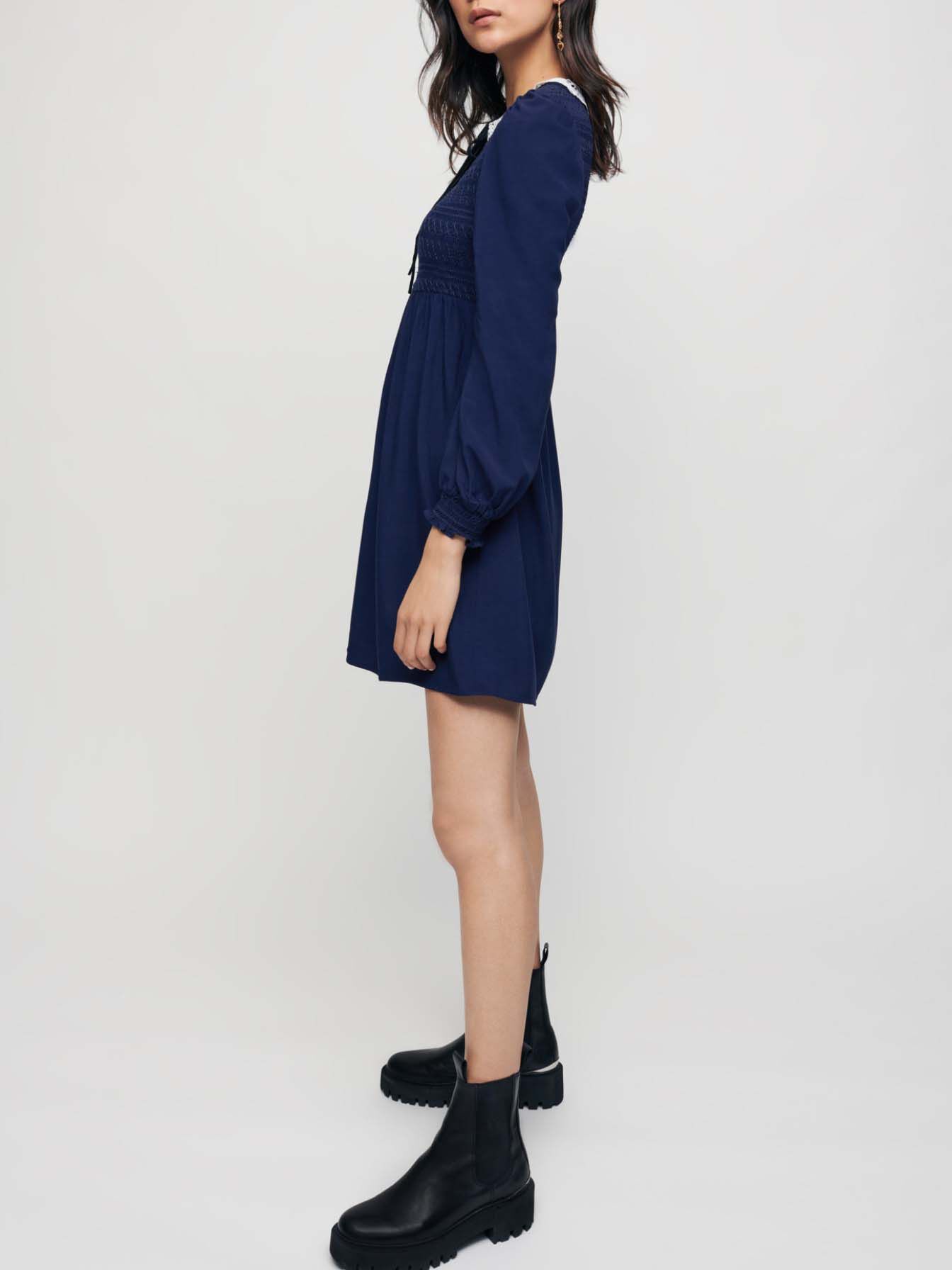 Geplooide jurk met guipure kraag - Marineblauw