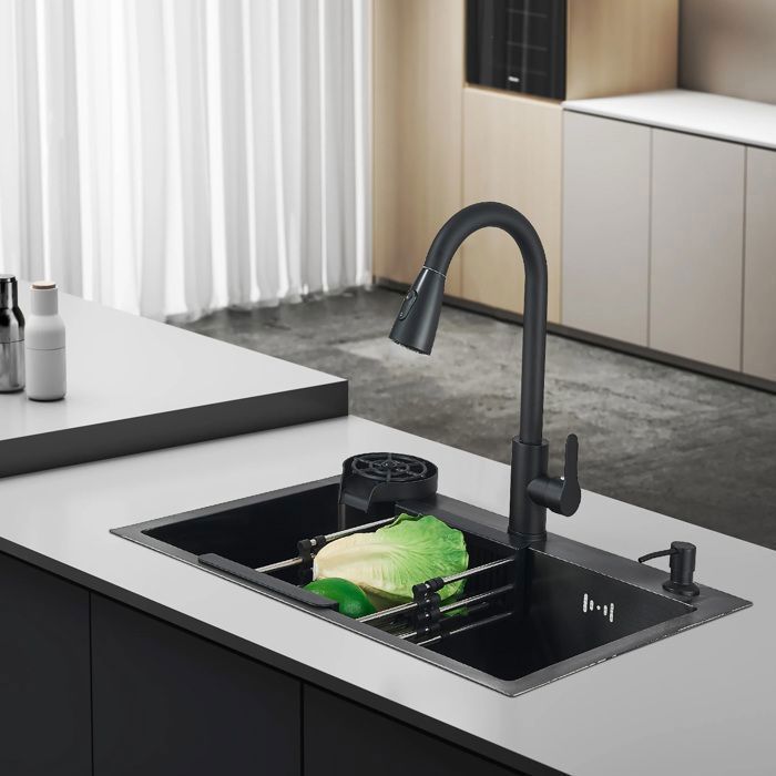 Fregadero de cocina de acero inoxidable negro mate de 60x45 cm. Kit completo con grifo extraíble, lavavasos integrado y dispensador de jabón.