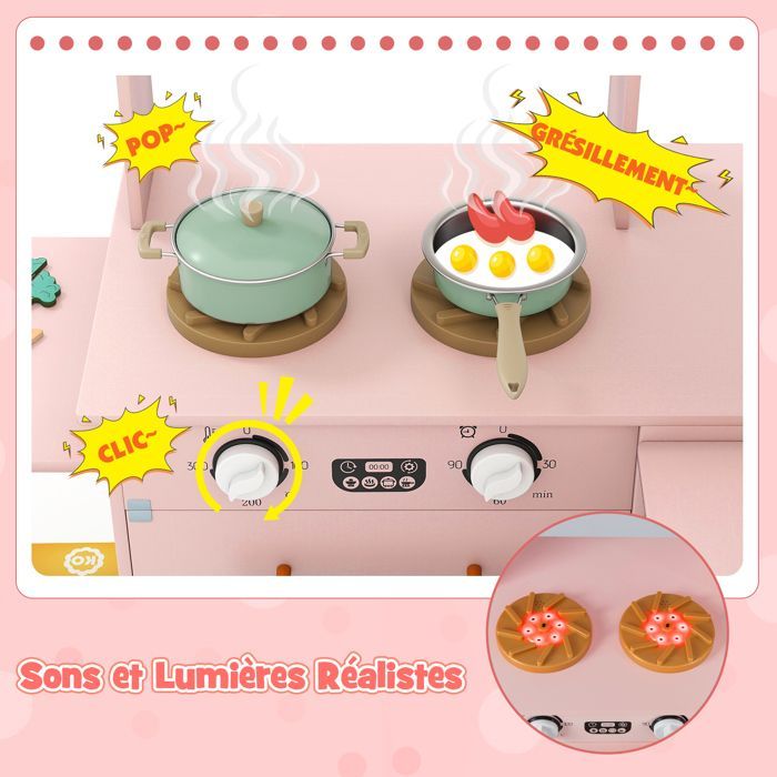 Cuisine Enfants XXL Interactif COSTWAY en Bois - 3 Ans+ avec Plateau Rétractable, Lumières et Sons 16 Accessoires Rose