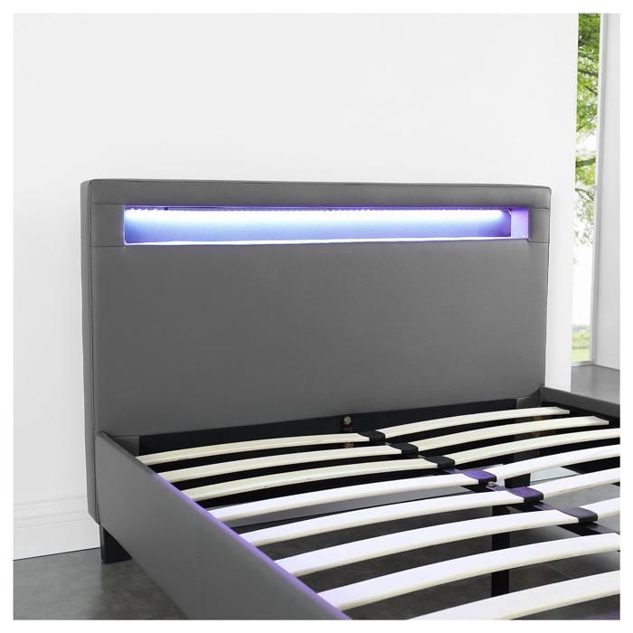 Cama individual LED de 120x190 cm con somier de láminas, cabecero confortable, cama individual con tapicería sintética gris, MIRANDO