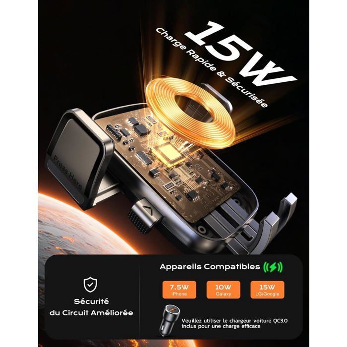 Support Téléphone Voiture Induction, 15W Chargeur Induction Voiture Charge Rapide, Ventouse Puissante & 360° Rotation, Charg[CY184]
