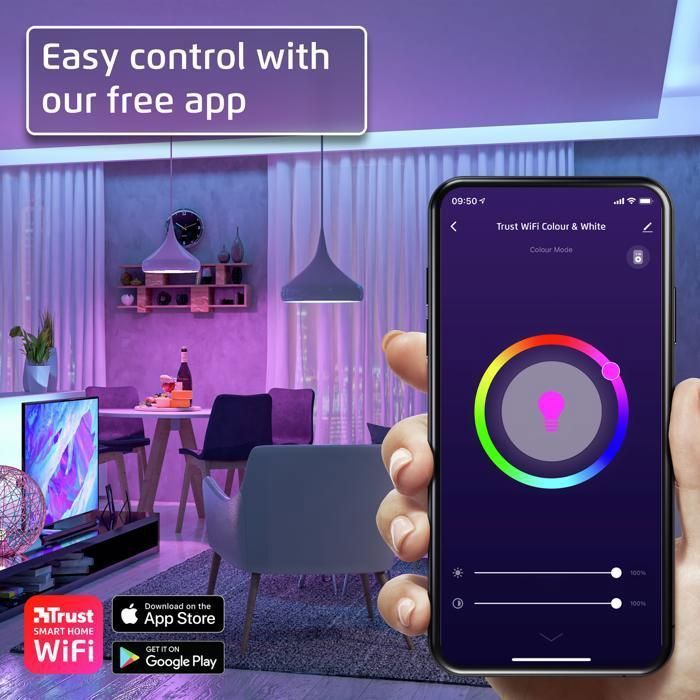 Bombilla LED TRUST con conexión WiFi B22 - Bombilla LED inteligente - Colores blanco y RGB - Ambiente personalizable - Asistente de voz