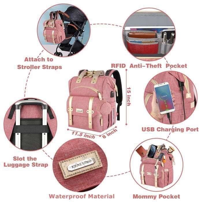 KENLUMO Sac à Dos à Langer avec Matelas à Langer pour Bébé – Grande Capacité Sac à Couches Multifonction Imperméable Sac de Voyage