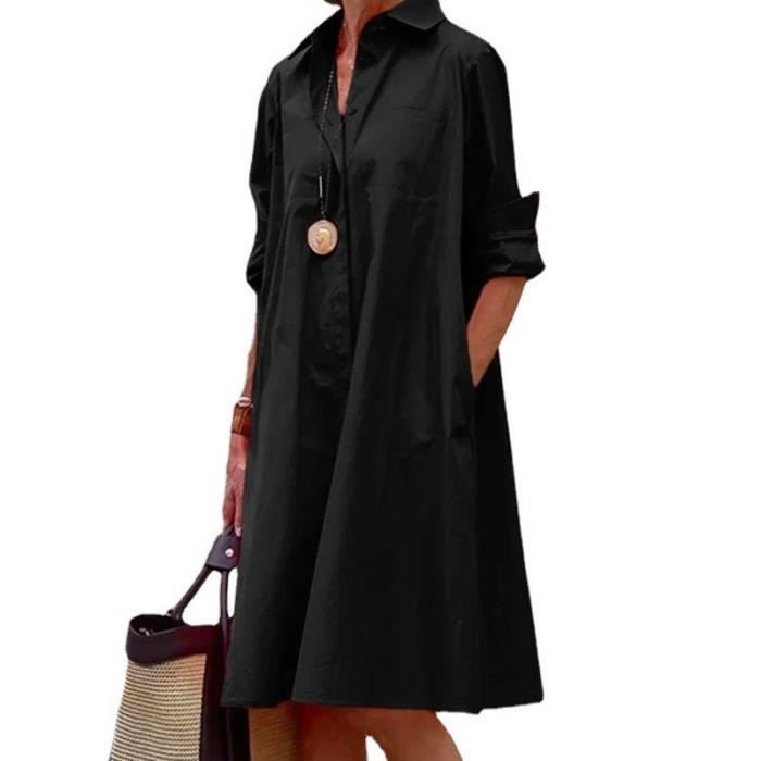 Vestido camisero sencillo e informal de color liso para mujer, con mangas largas, cuello vuelto, bolsillo elegante, color negro.