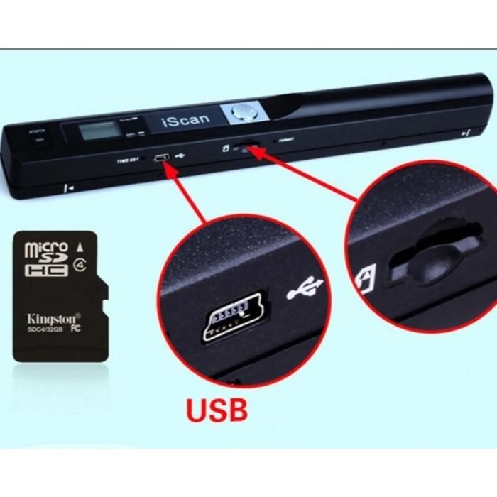 Portable scanner, 8GB memory card, 3 DPI settings, color books, photos, A4 documents, black