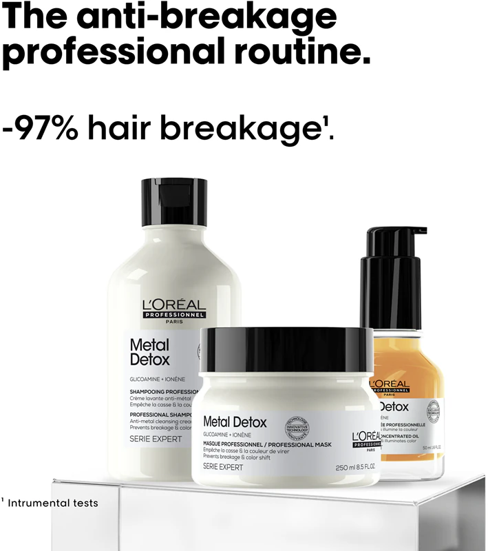 L'Oréal Professionnel Serie Expert Metal Detox, embalagem prática para cabelos danificados.