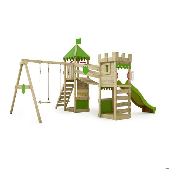 Tour de jeux bois FATMOOSE RiverRun Royal XXL avec double balançoire, toboggan pomme vert et pont suspendu – 10 ans de garantie*