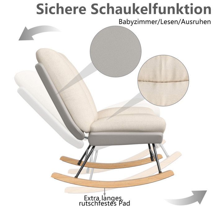 Fauteuil à bascule, rocking chair Dossier réglable, fauteuil allaitement, chaise a bascule en lin, pieds en bois,chiar