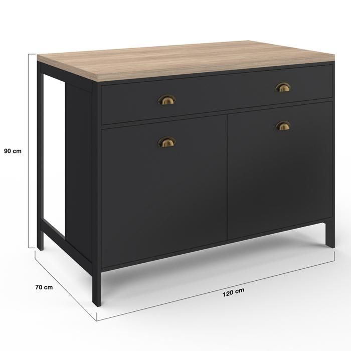 IDMARKET Isla central de estilo rústico de 120 cm, modelo ISIS, con tapa de madera efecto haya y acabado en negro.