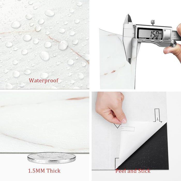Suelo de PVC adhesivo moderno con efecto mármol, 30x30cm, lavable, para cocina, 4 piezas, mármol blanco y suelo de PVC con efecto mármol blanco.