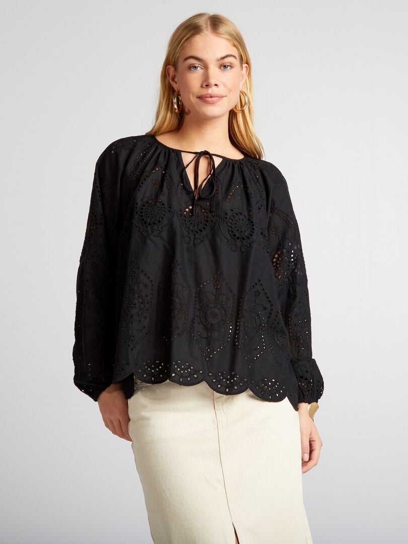 Blouse met borduurwerk en kant - zwart