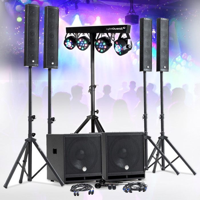 Sistema audio professionale completo per DJ da 2400 W di BM SONIC, con 4 altoparlanti satellite, 2 subwoofer mega da 38 cm con USB/Bluetooth e supporto per luci.