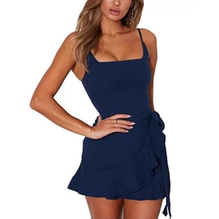MOBIGARLAN Robe sur-plissée pour femme uni d'Été  de bretelles Sexy Vêtements - Bleu FBC127A