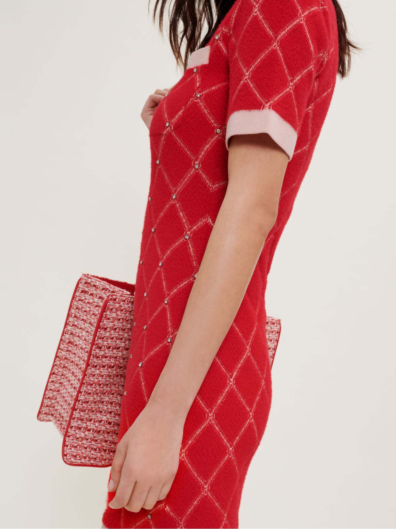 Gebreide jurk met diamanten en strass-steentjes - Rood