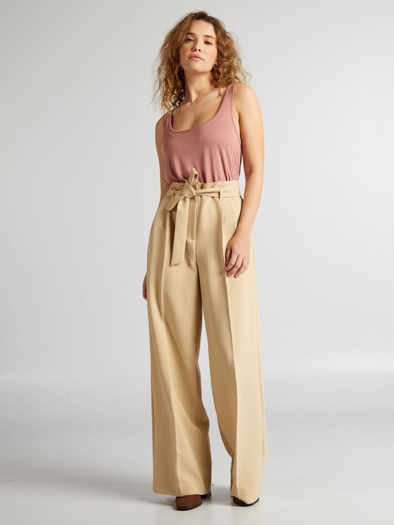 Pantalones de pierna ancha con cinturón - BEIGE