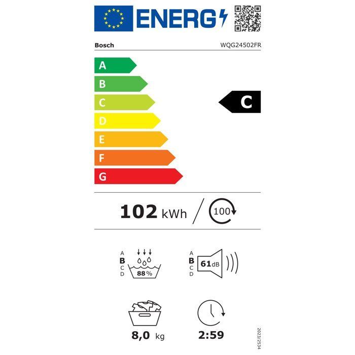 Asciugatrice a pompa di calore BOSCH Serie 6 WQG24502FR - 8 kg - Induzione - L60 cm - Classe energetica C - Bianca