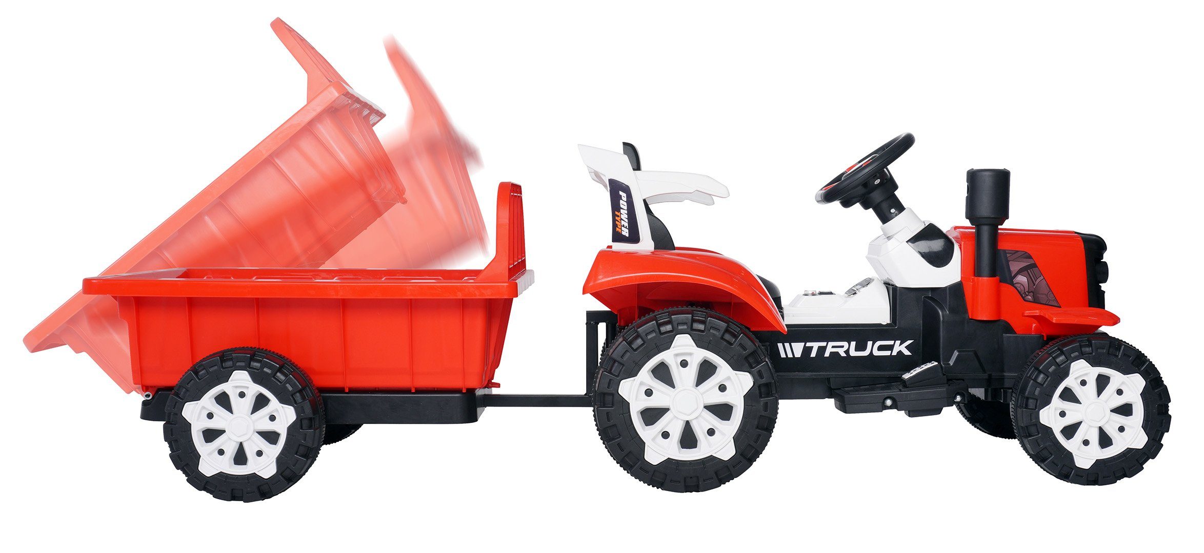 Actionbikes Motors sähköinen lastentraktori lasten sähkötraktori perävaunulla, sis. kaukosäätimen, kantavuus 30 kg, (2-osainen), 30 kg hyötykuorma - automaattijarru - 2x 6 V moottori - 3-vuotiaasta alkaen