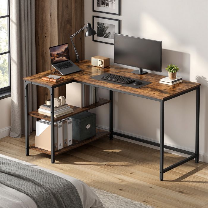 Bureau en L, Étagères Réglables avec Rangement, 120 x 80 cm, Marron