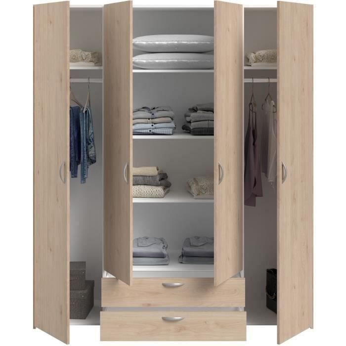 Armario de dormitorio VARIA - Acabado en roble - 4 puertas batientes + 2 cajones - Ancho 159,9 cm x Profundidad 51,3 cm x Alto 185 cm