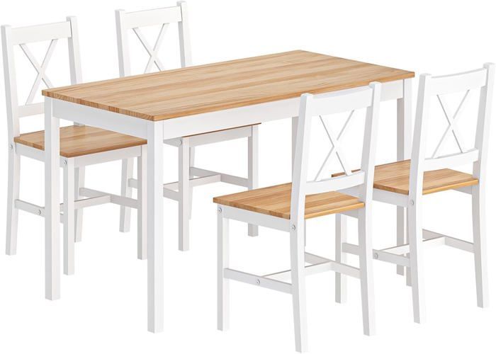 SogesHome eettafelset met 4 stoelen van MDF-hout, eenvoudig ontwerp voor de eetkamer, wit teak