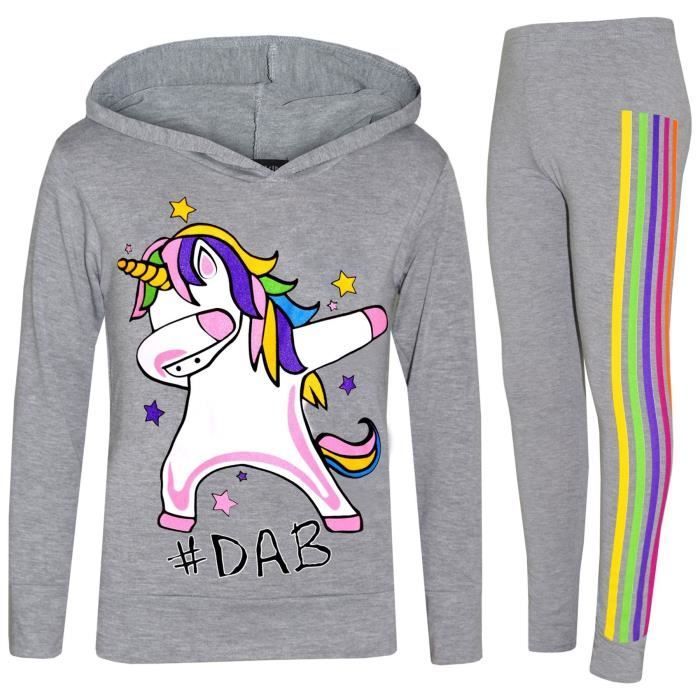 Conjunto de chándal gris con estampado de unicornio arcoíris y leggings para niñas de 7 a 13 años.