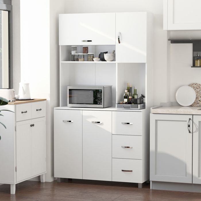 Kitchen cabinet - HOMCOM - multi-storage, 4 doors, 3 drawers, large shelf - wood - 100x39.5x183.5cm - white