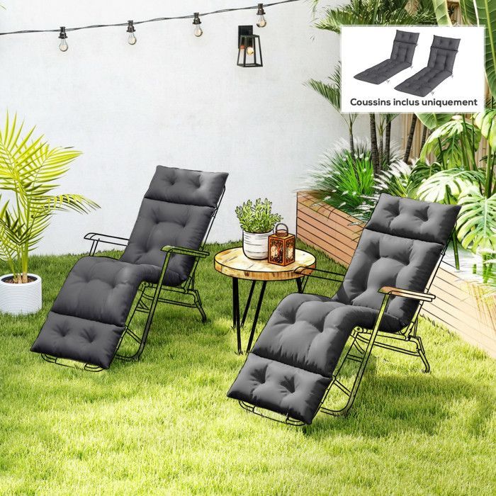 Lot de 2 coussins de chaise longue - Outsunny - coussin bain de soleil épais, confortable - 6 attaches -190 x 56 x 10 cm - gris